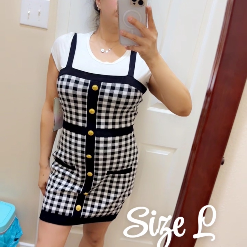 Stylish Gingham Mini Dress with Gold Button Details